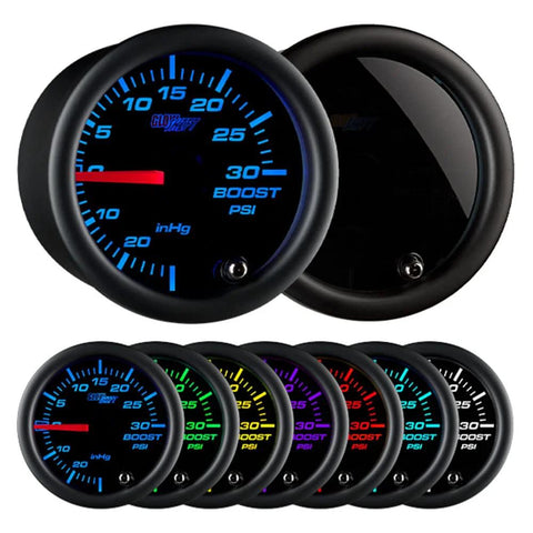 GlowShift 52mm Boost/Vacuum gauge kit, multicolor display (7 colors), black smoked dial, includes hose and fittings