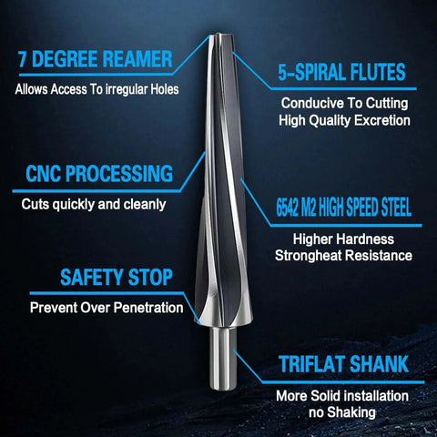 7 Degree Ball Joint Tapered Reamer With One And One Half Inch Per Foot Taper M2 6542 High Speed Steel features diagram