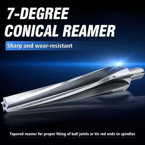 7 Degree Tapered Ball Joint Reamer Tool For One And A Half Inch Pipe Universal Reamer Drill Bit Made Of 6542 High Speed Tool Steel Pro Grade Heavy Duty Reamer For Bridge Construction Steel Erection Fabrication And Automotive Projects, shown in a silver finish.