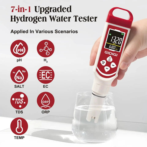 Hand holding Hydrogen Water Tester Meter 7 In 1 Digital H2 ORP pH TDS EC Water Tester for hydrogen bottles, displaying readings.