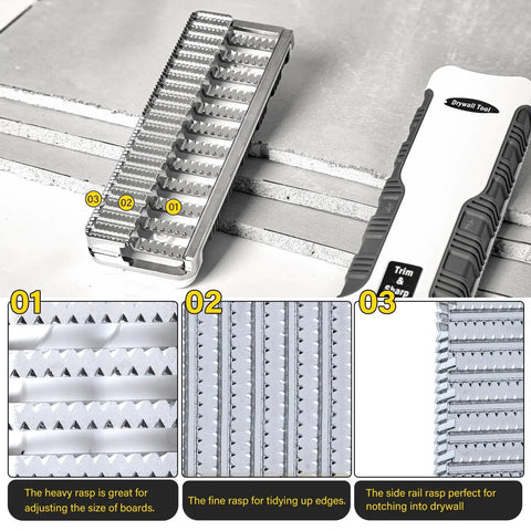 7 Inch Drywall Rasp With BiDirectional Teeth And In Handle Dust Collection For Precise Edge Work Corner Fitting And Quick Trimming Of Sheetrock Panels Ideal For Contractors And DIY Remodelers Seeking Clean Accurate Finishing, shown with close-up on heavy and fine rasp teeth.