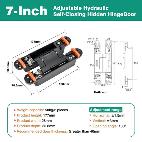 Concealed hydraulic 7-inch door hinges deliver smooth self-closing action with adjustable tension, shown with dimensions and specs.