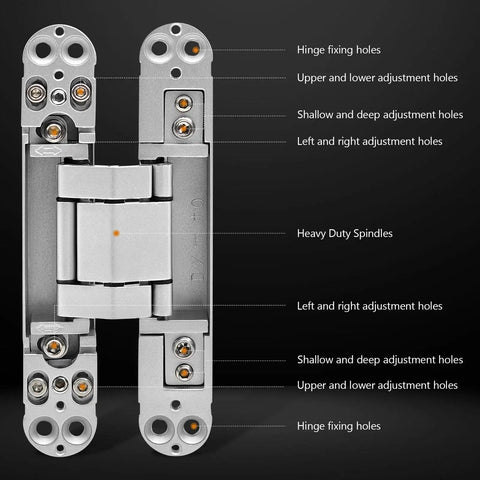 7 Inch Invisible Door Hinges 2 Pack Heavy Duty 3D Adjustable 180 Degree Swing Concealed Door Hinge in Silver with labels