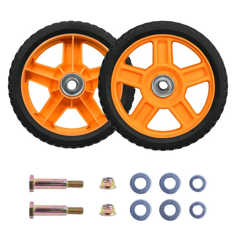 7 Inch Lawn Mower Wheels for Push Mowers, Plastic PU Wheels with Bolts & Nuts, 7x1-1/2 Size, shown with included hardware