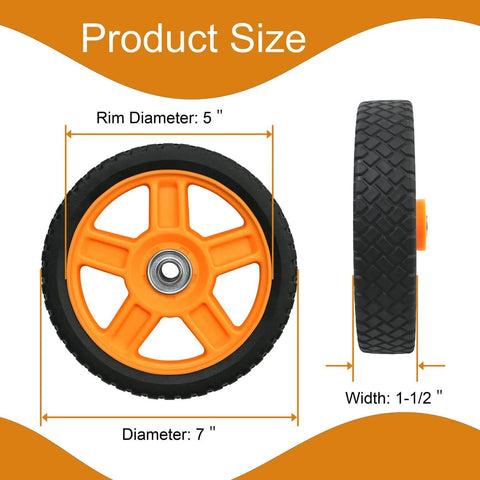 7 Inch Lawn Mower Wheels for Push Mowers, Plastic PU Wheels with Bolts & Nuts, 7x1-1/2 Size, side and front view with dimensions