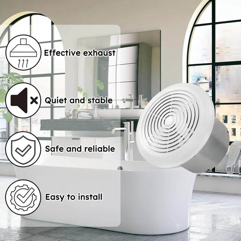 7 Inch Bathroom Exhaust Fan 50 CFM Quiet 1.0 Sones in modern bathroom setting highlighting features.