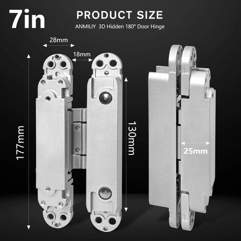 7 Inch Invisible Door Hinges 2 Pack Heavy Duty 3D Adjustable 180 Degree Swing Concealed Door Hinge in Silver