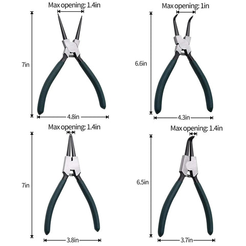 4 pc 7 inch snap ring pliers set with internal and external straight and bent jaws, showing measurements and black handles.