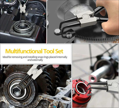 7 inch snap ring pliers set 4 pcs internal & external straight and bent jaw shown in automotive and mechanical applications
