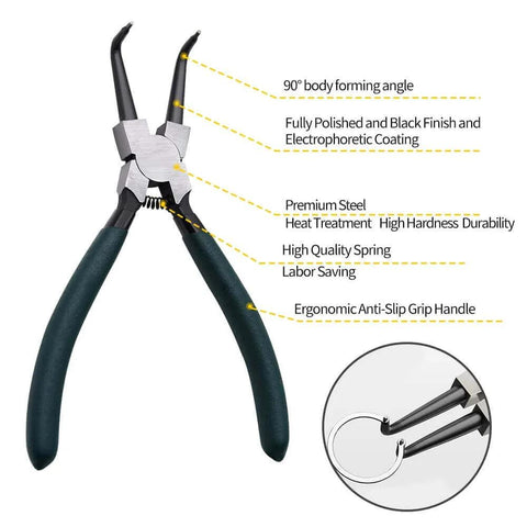 7 inch snap ring pliers set 4 pcs internal & external straight and bent jaw with ergonomic handle and steel construction