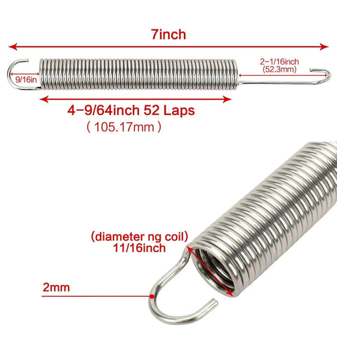Diagram of a 7 inch (2Pcs) Stainless Steel Replacement Recliner Sofa Chair Mechanism Tension Spring - Long Neck Hook Style with measurements.