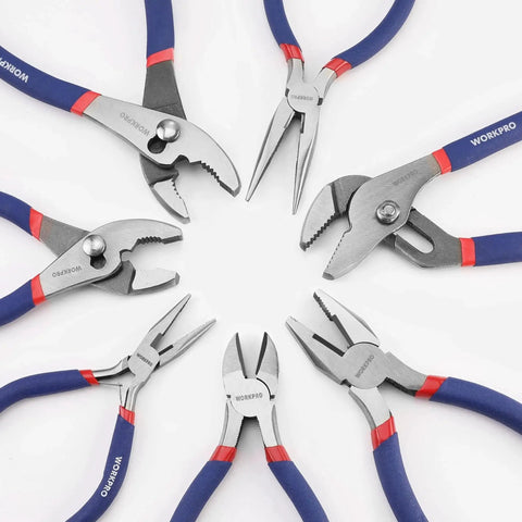 7-Piece Pliers Set With Groove Joint, Long Nose, Slip Joint, Linesman And Diagonal Pliers For DIY And Home Use, arranged in a circle