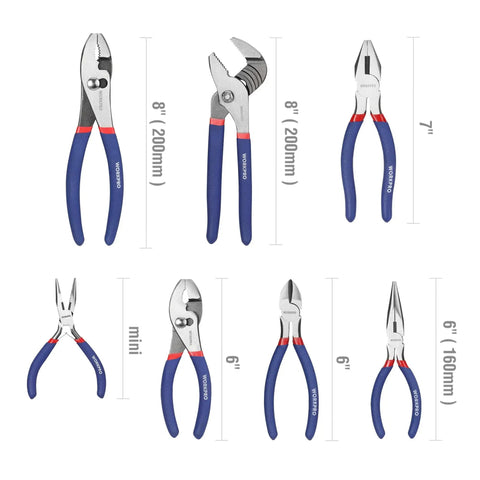 7-Piece Pliers Set With Groove Joint, Long Nose, Slip Joint, Linesman And Diagonal Pliers for DIY and Home Use, displayed