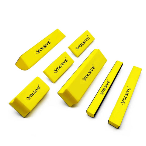 7 Piece Hand Sanding Block Set With Interchangeable Pads For Auto Body Polishing, featuring yellow blocks with brand name visible