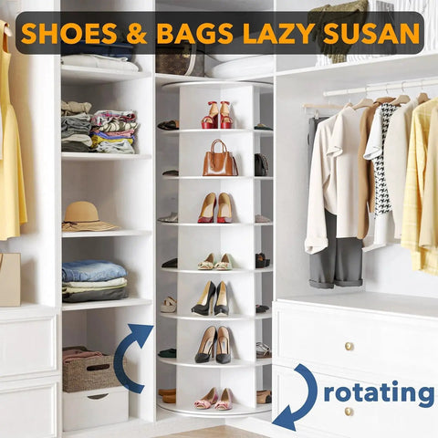 7 Tier Rotating Shoe Rack Tower With Spinning Lazy Susan Display Revolving 360 Carousel For Shoes And Handbags in a closet