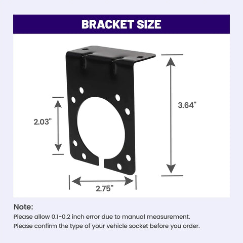 7 Way RV Blade Trailer Socket Mounting Bracket For American Style 7 Pin Connectors, showing dimensions 3.64 x 2.75 inches, metal bracket