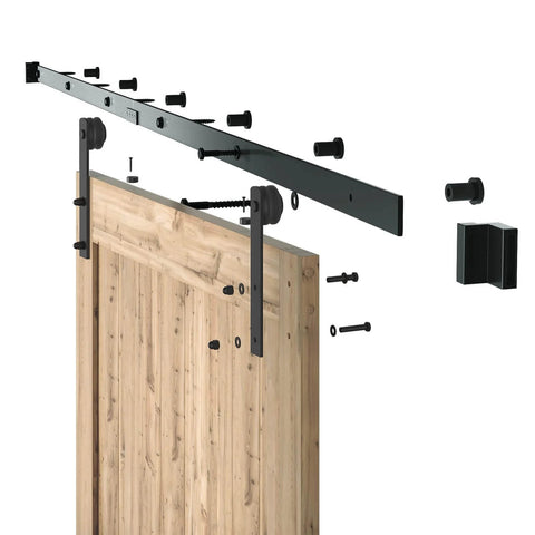 Exploded view of 7.5ft Barn Door Hardware Kit with I shape hanger, carbon steel track, nylon rollers, for 42-45 inch door panels, easy installation.