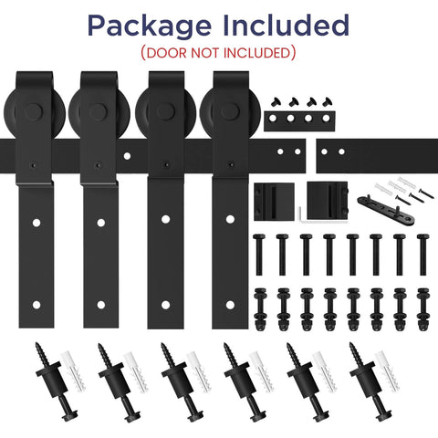 Components of 7.5 Feet Bypass Sliding Barn Door Hardware Kit for Double Wooden Doors with Single Track, shown with screws and brackets.