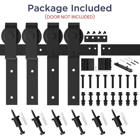 Components of 7.5 Feet Bypass Sliding Barn Door Hardware Kit for Double Wooden Doors with Single Track, shown with screws and brackets.