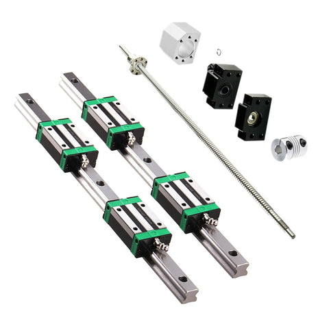 Two 700mm HGR20 Linear Guide Rails with RM1605 700mm Ballscrew Kit including BF12 and BK12 end supports, DSG16H nut housing, coupling, and four slide blocks.