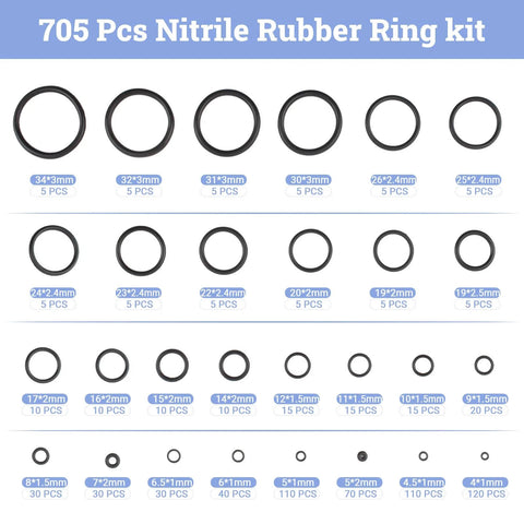 705 Piece O Ring Kit With 28 Metric Sizes, Premium Nitrile Black Rubber O Rings, Oil And High Temperature Resistant, Sizes Displayed