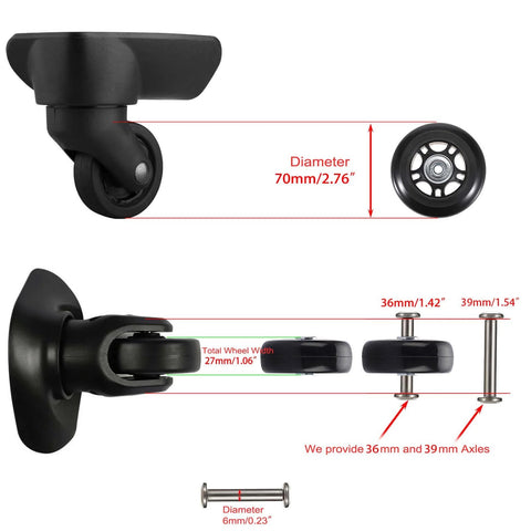 70mm x 24mm Single Luggage Wheels Replacements Kit, showing 2 mute suitcase replacement wheels with 36mm/39mm axles, bearings, and screws