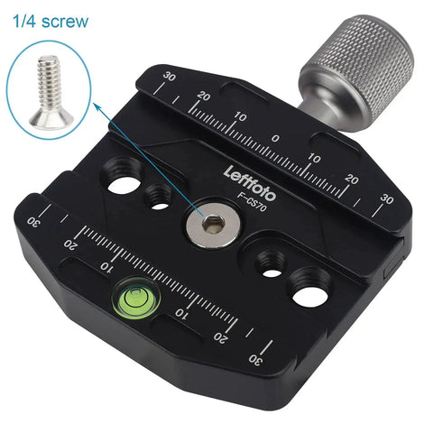 70mm Quick Release Clamp For Arca Swiss Style Plates with CNC Anodized Aluminum, bubble level, knob lock; 1/4 screw visible.