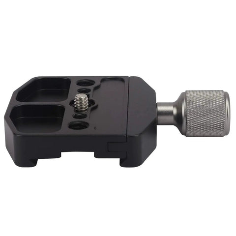 70mm Quick Release Clamp For Arca Swiss Style Plates, CNC Anodized Aluminum Construction, side view, knob lock visible