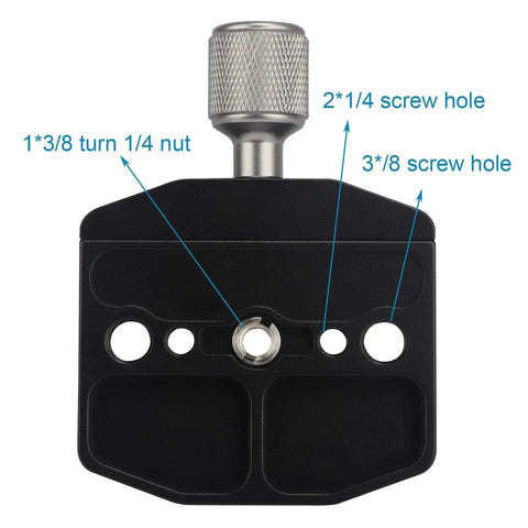 Front view of 70mm Quick Release Clamp For Arca Swiss Style Plates, CNC anodized aluminum, showing multiple screw holes for versatile mounting.