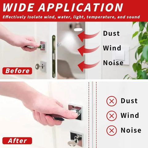 50 Feet D Shape Rubber Door Weather Stripping Seal With Self Adhesive Backing Easy Cut To Size Includes Tailor Scissors Black being applied to a door to block dust, wind, and noise.