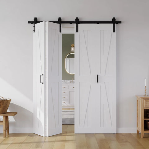 Space Saving White Bifold Sliding Barn Door Kit 60x84 Inch With K Shaped Panel And Sliding Hardware installed in bedroom