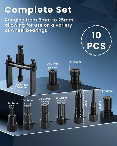10 Piece Blind Hole Bearing Puller Set for Motorcycles 8 to 25 mm, showing collets and leg range for wheel hub extraction.