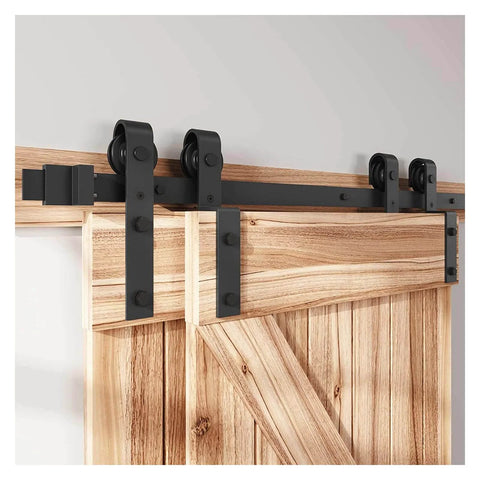 8Ft Bypass Sliding Barn Door Hardware Kit For Low Ceiling And Double Doors, Heavy Duty Carbon Steel Track System With Quiet Smooth Rolling Rollers, Overlapping Tracks, Supports Up To 200 Lbs, Corrosion Resistant installed on wood doors