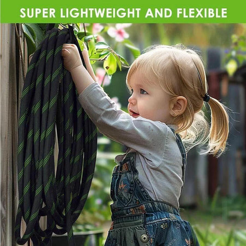 Child holding Ultra Lightweight 150 Feet Garden Hose Non Expandable With 10 Pattern Nozzle Full Length Leak Proof Design High Density Fabric