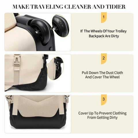 Rolling Laptop Backpack For Women With Wheels Apricot showing wheel cover instructions for clean travel.