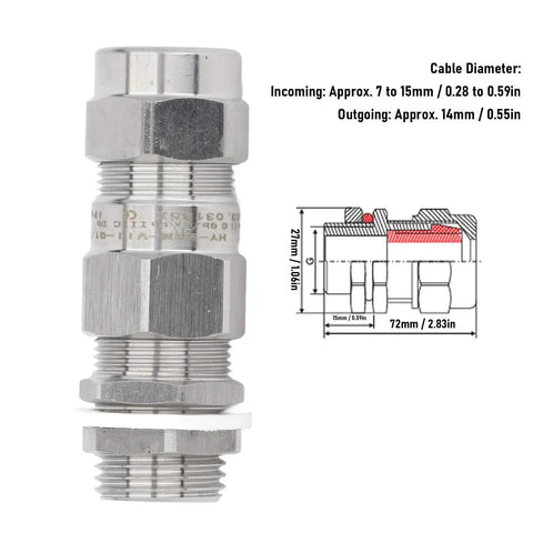 Waterproof Explosion Proof Cable Gland 304 Stainless Steel dual sealing armored protector, diagram illustrating size and cable diameter