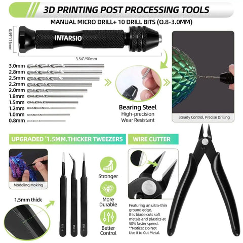 3D printing tools including manual micro drill, drill bits, tweezers, and wire cutter from Must Have 76 Piece 3D Printer Tools Kit With Bag.