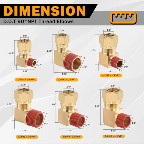 Brass DOT 90° compression elbows, six-piece set with red threaded ends, displaying multiple OD/NPT sizes.