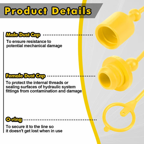 Tondiamo 10-set hydraulic dust caps and plugs set for 1/2 in flat-face couplings; yellow plastic caps with O-ring