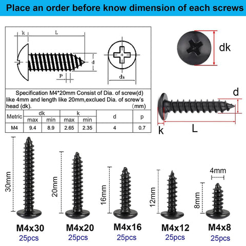Chart showing 125 Pieces M4 Wood And Metal Screws Set With Black Truss Head Phillips Screws 8 12 16 20 30mm Type A Point Self Tapping Heavy Duty Fasteners For Furniture Cabinet DIY Projects Hardened Carbon Steel, dimensions included.