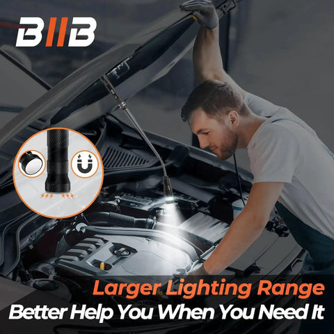Man using Extendable Magnetic Pickup Tool With LED Flashlight Telescoping Magnet For Cars Garage Home Workshop And Outdoor Use