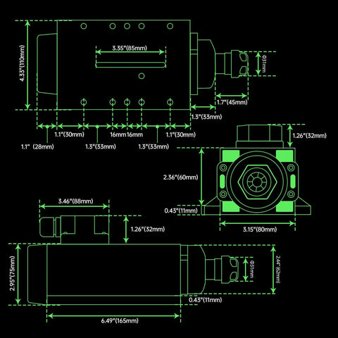 Technical diagram of Square Two Point Two Kilowatt 220V Air Cooled CNC Spindle Motor Kit With ER20 Collet And VFD Drive, dimensions shown.