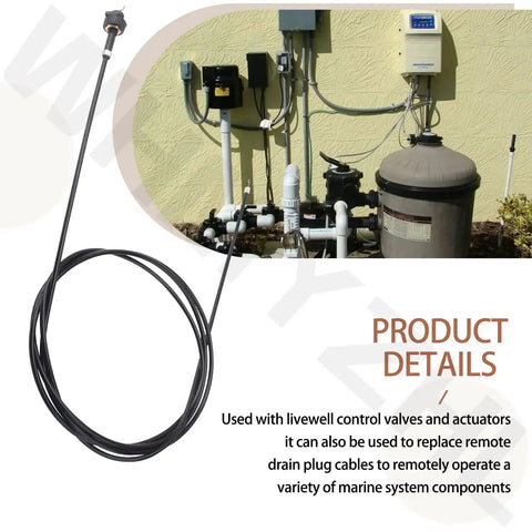 Remote Drain Plug Control Cable For Livewells And Baitwells, 8 Foot Marine Ballast System Cable next to marine equipment setup.