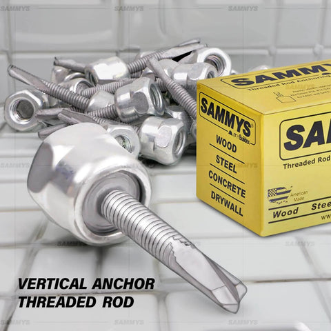 Sammys 8040957-50 DST 10 3/8 Inch Screw Vertical Threaded Rod Anchor Built For Steel Structures With Electro Zinc Coating Corrosion Resistant 1/4-14 x 1 Inch Screw Length Pack Of 50 with yellow box.