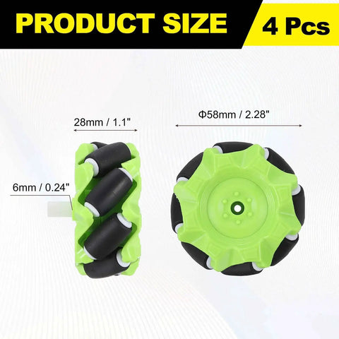 Cool Mecanum Wheels Set For DIY Robot Cars; green ABS rubber omnidirectional wheels; 58mm diameter, 28mm wide; 2 pack.