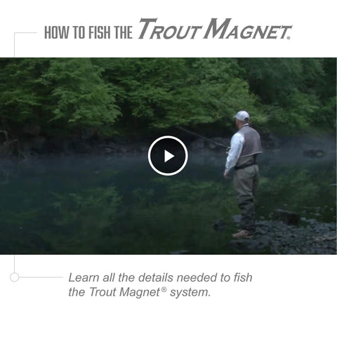 Man fly fishing at a stream, instructional video on Trout Magnet system for catching fish.