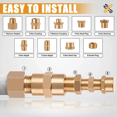 106 Piece Brass Pipe Fittings Kit For DIY Pros Includes NPT Adapters Nipples Couplings Bushings Plugs Caps And Socket Plugs Pro Grade Brass Set For Plumbing Projects Ideal For Home Repairs And Professional Use Ailbiuko displayed with labeled components