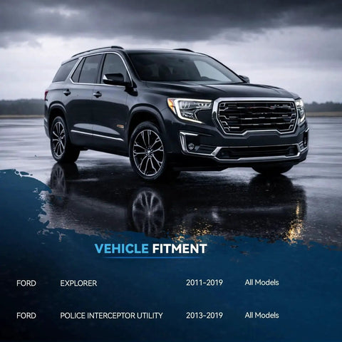 Ford SUV parked on wet surface, text showing compatibility with Ford Explorer 2011-2019 and Police Interceptor Utility 2013-2019