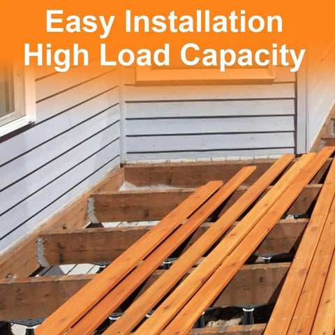 Deck under construction with visible galvanized screw jacks for support; Two Pack Heavy Duty Adjustable Floor Support Jack For Deck Foundations And RV Steps Mini Screw Jack Post Four To Seven Inches Galvanized Steel Rust Resistant DIY Home Improvement Stabilizers For Furniture And Floors