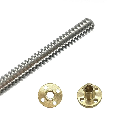 Two Pack 400mm TR8X2 Lead Screws With T8 Brass Nut for 3D Printer Z Axis, Acme Thread, Stainless Steel 304, Close-up View